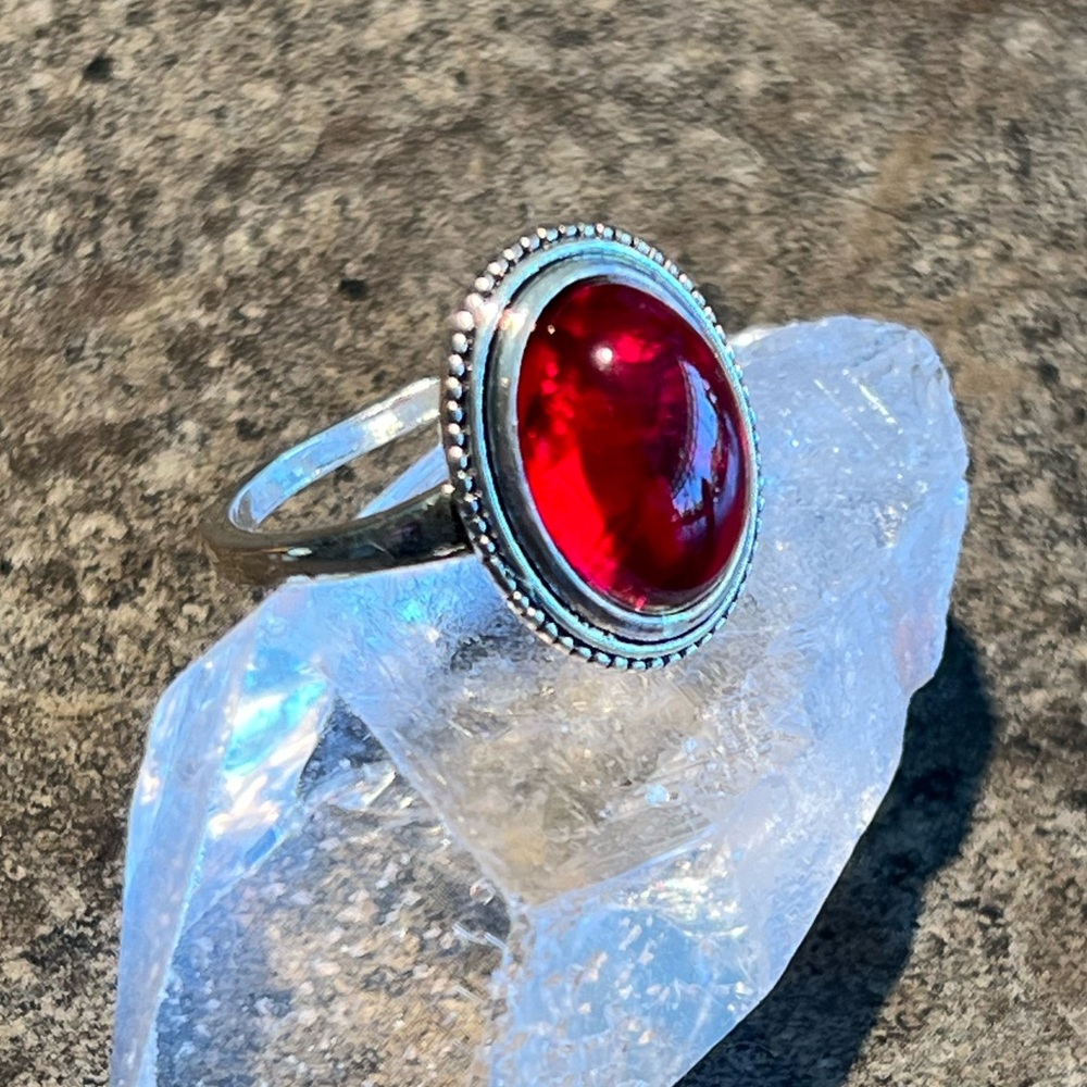 Faux Garnet Red Carnelian Cabochon Silver Ring 10 NEW